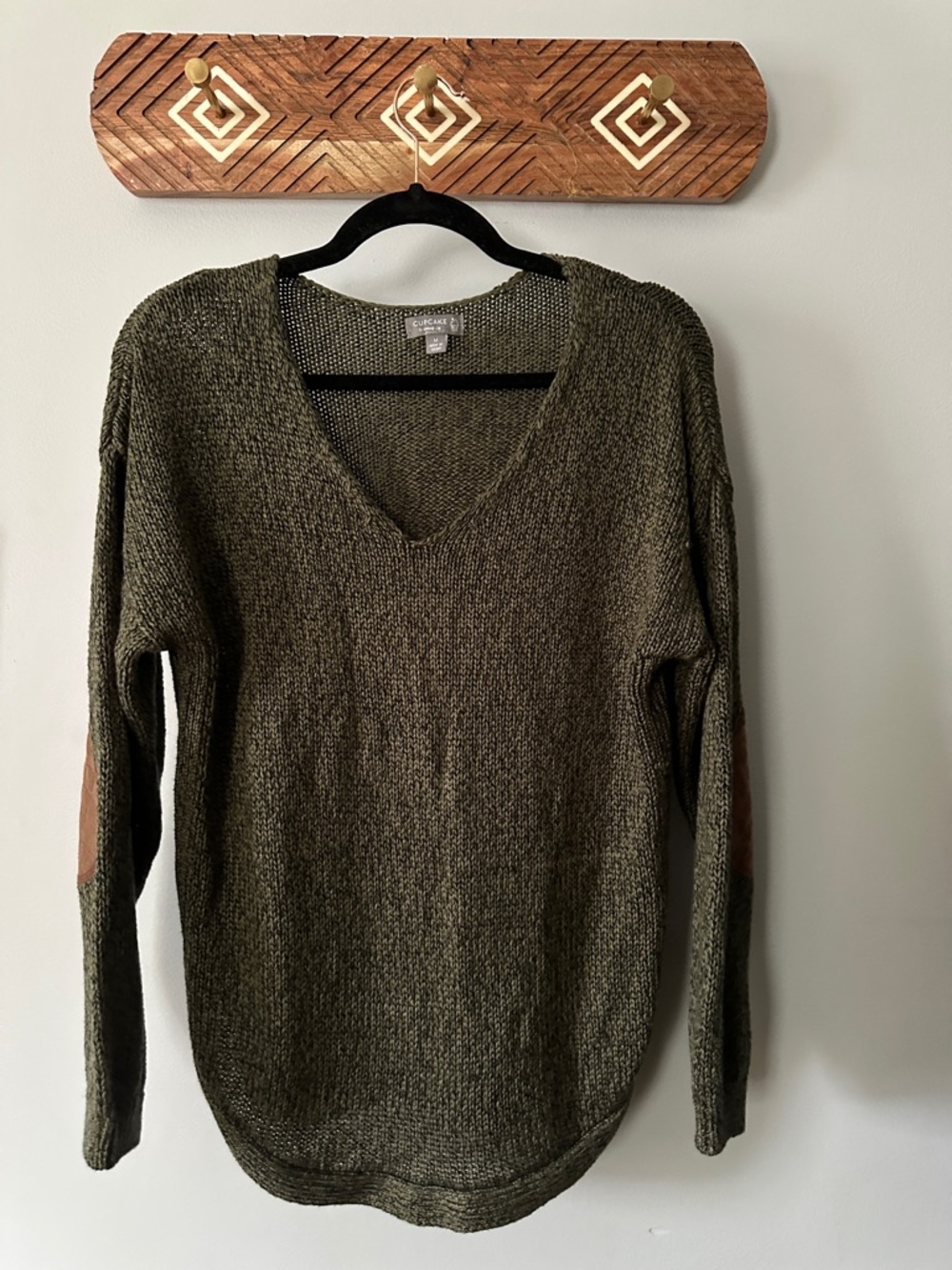 Olive V-Neck Sweater with Brown Elbow Patches